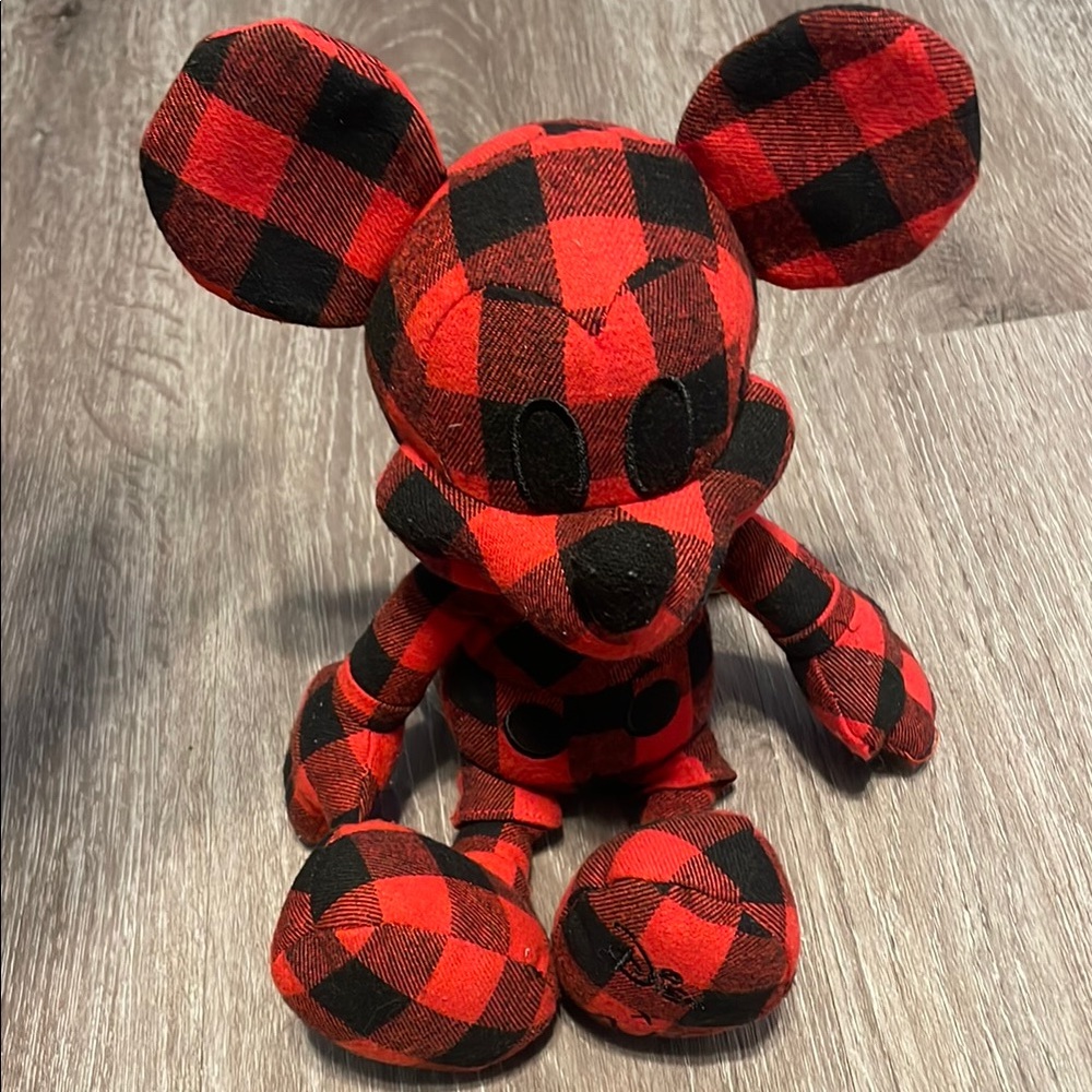 Red and Black Plaid Stuffed Animal with Mickey Mouse Silhouette